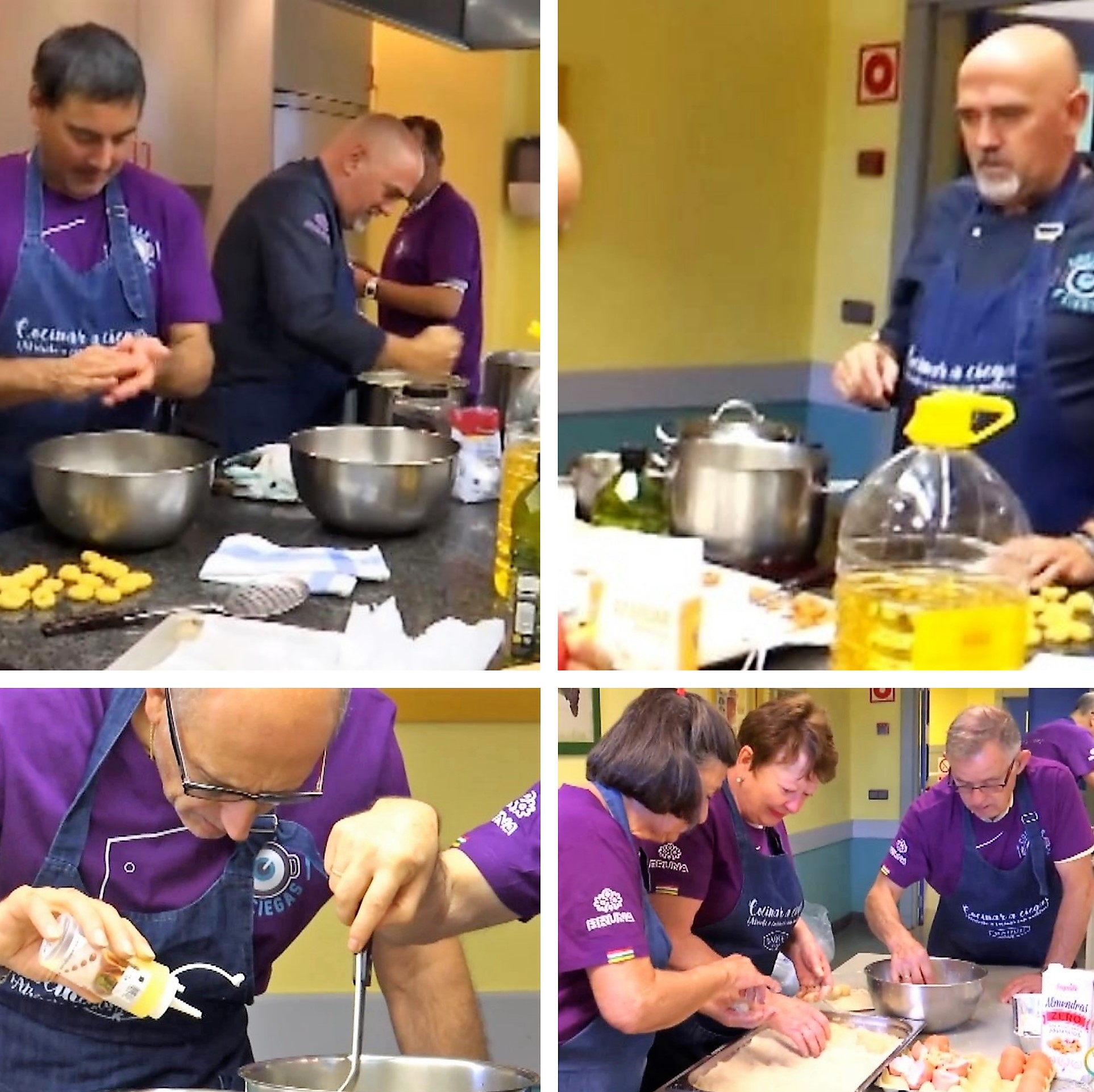 Montaje gráfico con distintos momentos de la preparación del menú en el taller riojano 'Comida a ciegas'