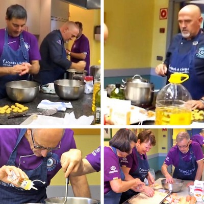 Montaje gráfico con distintos momentos de la preparación del menú en el taller riojano 'Comida a ciegas'