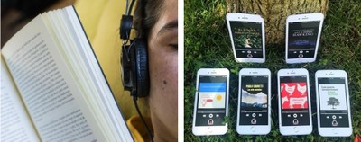 A la izquierda una persona con auriculares escucha un audiolibro y a la derecha móviles con audiolibros descargados