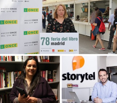 Arriba, Carmen Bayarri en la última edición de la Feria del Libro de Madrid. Abajo, Laura Guilera y Alex Gibelalde.
