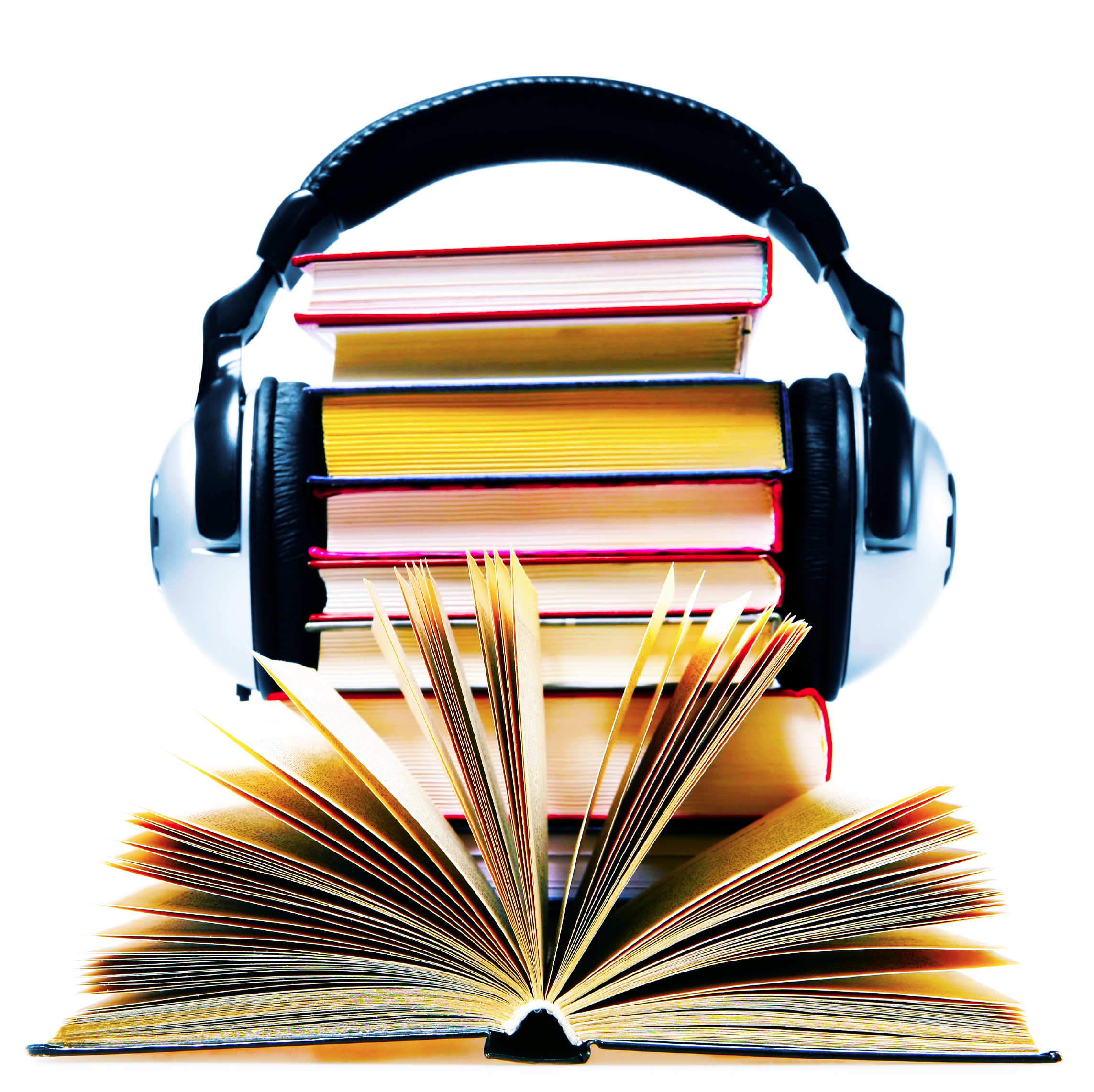 Imagen alusiva a los audiolibros. Ariculares sobre una torre de libros. 