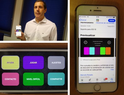 Collage de imágenes de Marcelo mostrando la app, y distintos detalles de la aplicación
