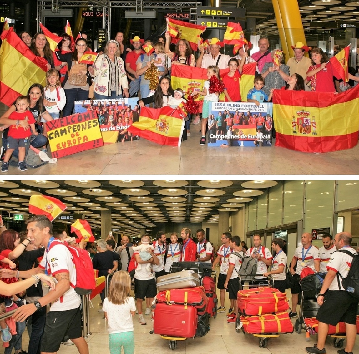 Montaje gráfico con (arriba) un grupo de aficionados esperando la llegada de los jugadores al aeropuerto de Barajas y (abajo) el momento de arribada de la selección