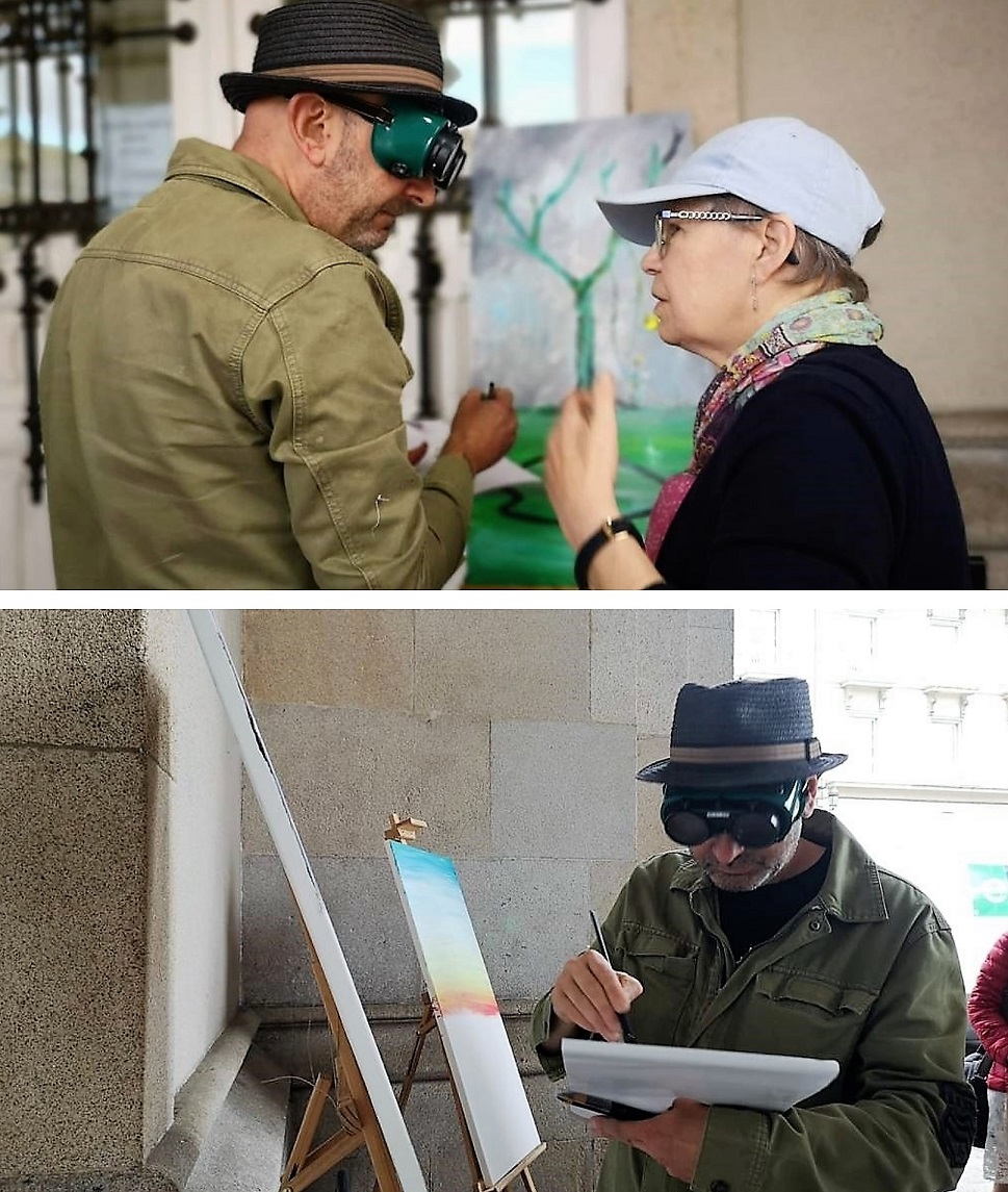 Montaje gráfico con la pintora afiliada Evelyne Anirs de Vos dando instrucciones a Eduardo Hermida (arriba) y debajo éste procediendo a pintar provisto de sus gafas de distorsión visual