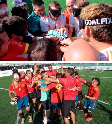 Montaje gráfico con los jugadores uniendo sus manos (arriba), conjurándose para ganar la final y, abajo, festejando el triunfo