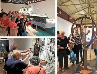 Montaje gráfico con tres escenas de la visita de los afiliados a la exposición sobre el Titanic