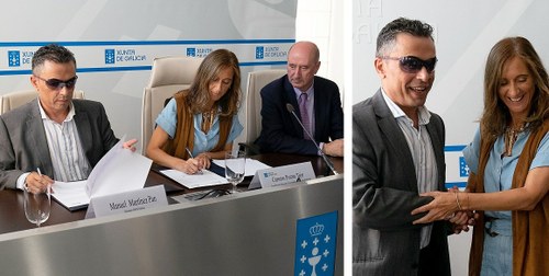 Montaje gráfico con un momento de la firma del acuerdo y (a la derecha) la conselleira estrechando la mano de Martínez Pan