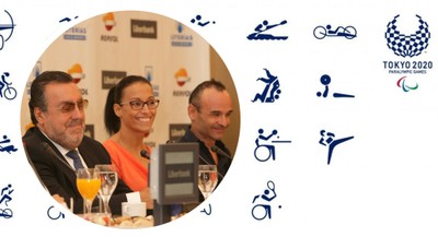 Miguel Carballeda, Teresa Perales y Ricardo Ten, sobre un fondo de logos de los deportes palímpicos