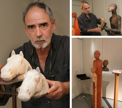 Distintas  imágenes de Madueño con sus esculturas
