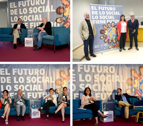 Arriba Luis Cayo Pérez con el exministro Alonso, la derecha presentación de la convención en el Ayuntamiento. Abajo mesa de conclusiones y al lado, a la derecha, conversatorio con Mónica Oltra.