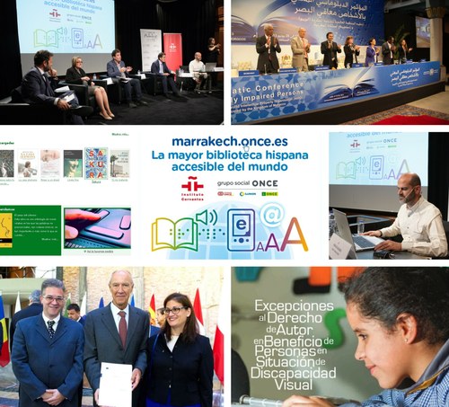 Collage de imágenes alusivas a la historia de la participación de la ONCE en la redacción y aprobación del Tratado de Marrakech y la  presentación de la web en la sede del Instituto Cervantes
