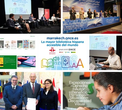 Collage de imágenes alusivas a la historia de la participación de la ONCE en la redacción y aprobación del Tratado de Marrakech y la  presentación de la web en la sede del Instituto Cervantes