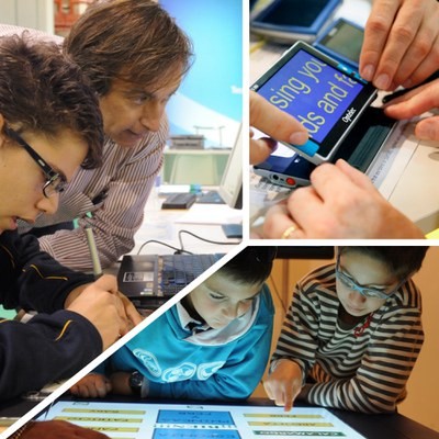 Collage de imágenes de distintos usuarios con aparatos tecnología adaptada