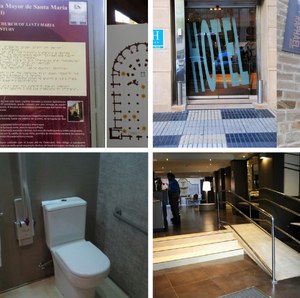Montaje gráfico con varias medidas de accesibilidad turística: una entrada de hotel sin escalones, una rampa en Recepción, un baño adaptado y un cartel en un monumento con texto en tinta y braille