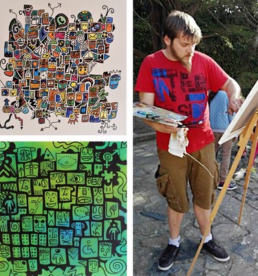 Natan Tarragó Terradellas pintando y dos de sus cuadros 