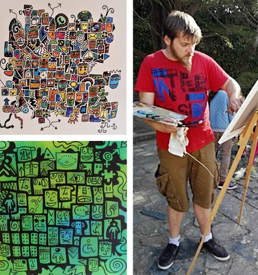 Natan Tarragó Terradellas pintando y dos de sus cuadros 