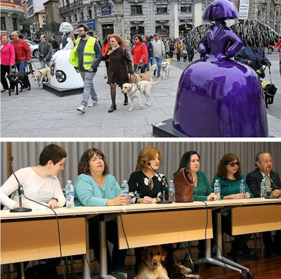 Collage con el paseo por el centro de Madrid y, abajo, la Mesa del encuentro posterior de usuarios de perros guía