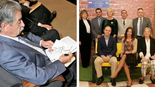 Collage gráfico con el presidente Revilla con una autocaricatura que realizó durante el acto (a la izquierda) y primer plano de los premiados
