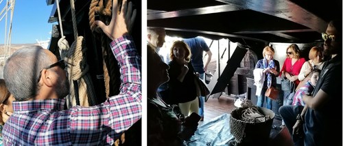 Collage gráfico con un afiliado conociendo al tacto una de las maromas de la nave (a la izquierda) y el grupo visitando la bajocubierta de la nao