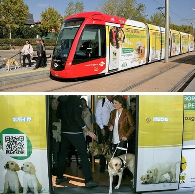 Montaje gráfico con el Metro panelado (arriba) y una usuaria de perro guía apeándose en una de las estaciones