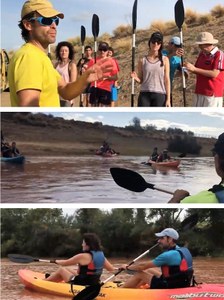 Montaje gráfico con imágenes (de arriba a abajo) de la charla sobre manejo de la pala, botadura de la orilla y navegación en mitad del río