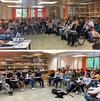 Montaje gráfico con imágenes de los alumnos asistentes durante dos de las charlas desarrolladas en el Foro
