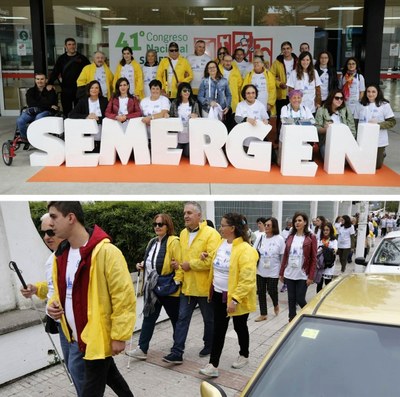 Montaje gráfico con un grupo de afiliados y voluntarios a las puertas del Congreso en Gijón (arriba) y un aspecto de la 'caminata saludable'