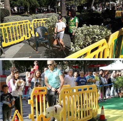 Montaje gráfico con una joven visitante probando la movilidad a ciegas con un bastón (arriba) y una técnico de la Escuela de la ONCE en la exhibición de perros guía