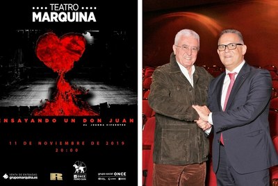 Cartel anunciador de la obra de La Ruina y a la derecha Colubí y Ángel L. Gómez estrechando sus manos