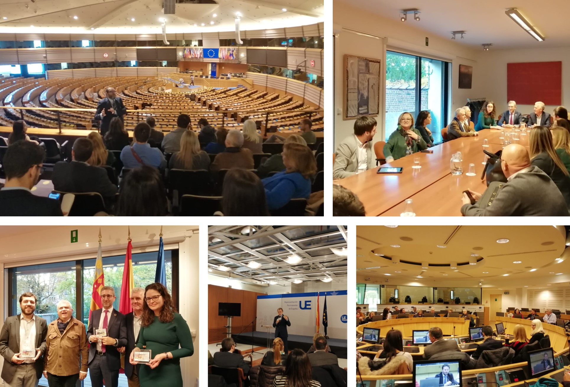 Collage del imágenes de los distintos encuentros y visita al Parlamento, a la Representación Permanente de España y al CESE