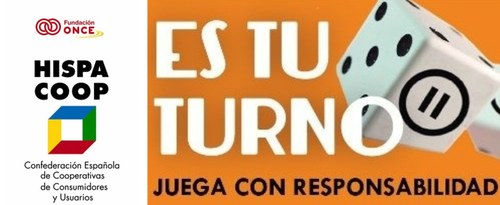 A la izquierda logos de HISPACOOP y Fundación ONCE. A la derecha, gráfica sobre Juego Responsable.