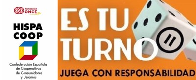 A la izquierda logos de HISPACOOP y Fundación ONCE. A la derecha, gráfica sobre Juego Responsable.