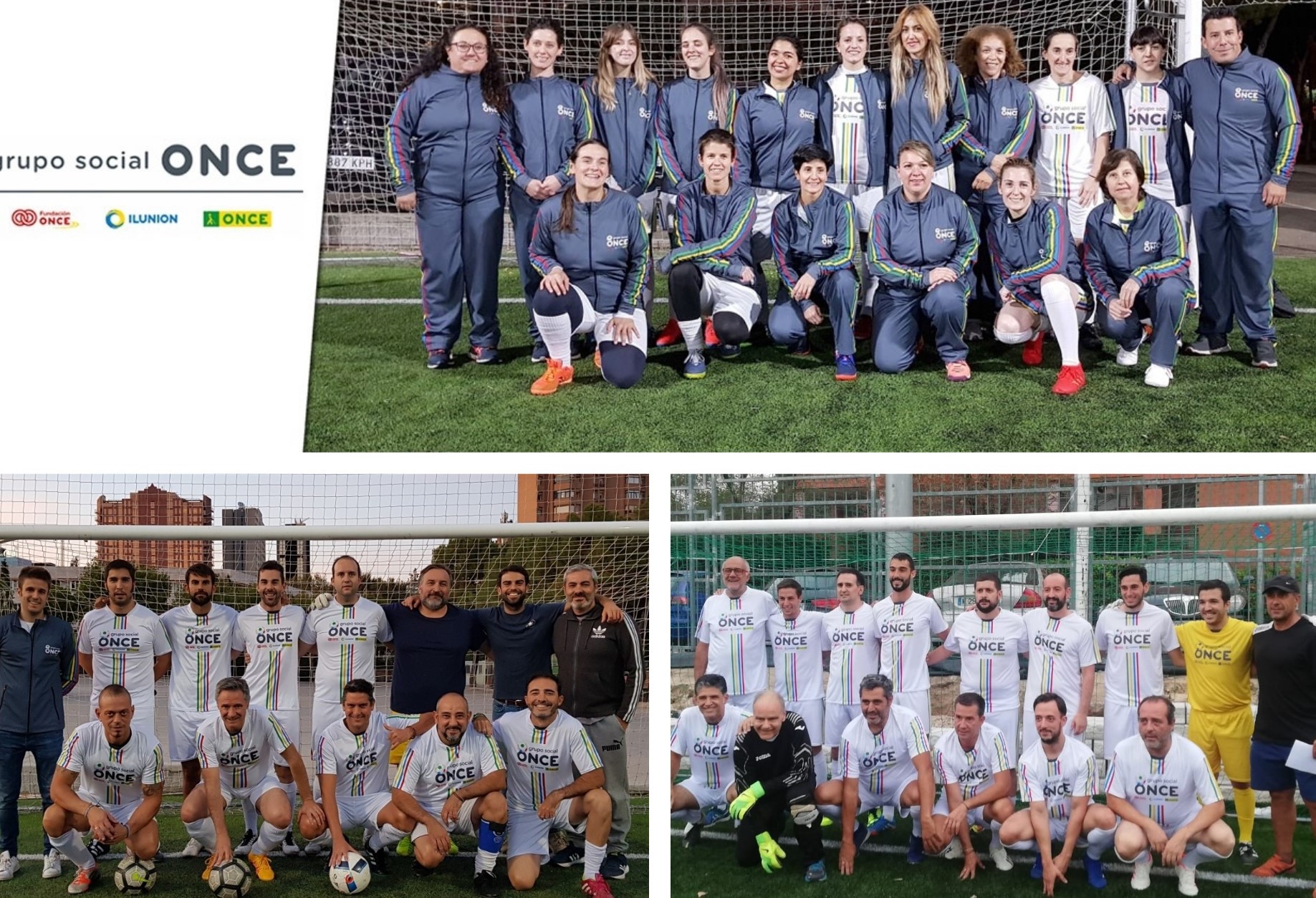 Arriba, el equipo femenino, junto a Jaime Mulas, a la derecha. Abajo, los dos equipos masculinos. 