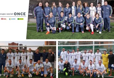 Arriba, el equipo femenino, junto a Jaime Mulas, a la derecha. Abajo, los dos equipos masculinos. 