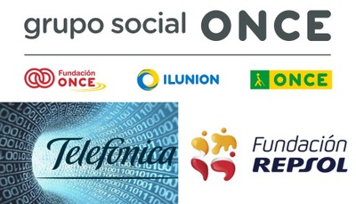 Collage con las imágenes de los logos de Grupo Social ONCE, Telefónica y Fundación Repsol