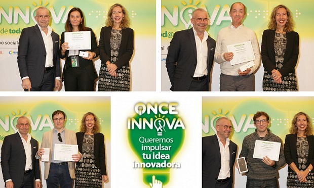 Collage de los cuatro premiados junto a Jorge Íniguez y Patricia Sanz