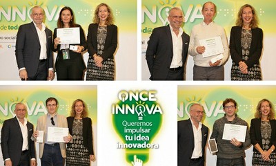 Collage de los cuatro premiados junto a Jorge Íniguez y Patricia Sanz