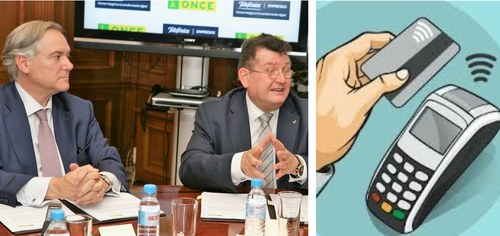 Montaje gráfico con Adrián García y Ángel Sánchez durante la firma y, a la derecha, el dibujo de un TPV en pleno proceso de accionamiento