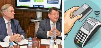 Montaje gráfico con Adrián García y Ángel Sánchez durante la firma y, a la derecha, el dibujo de un TPV en pleno proceso de accionamiento