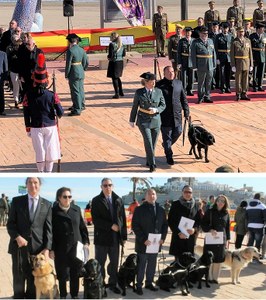 Arriba, uno de los afiliados camina hacia la bandera con su perro guía acompañado por una guardia civil, y abajo el grupo posa luciendo sus diplomas acreditativos de la jura