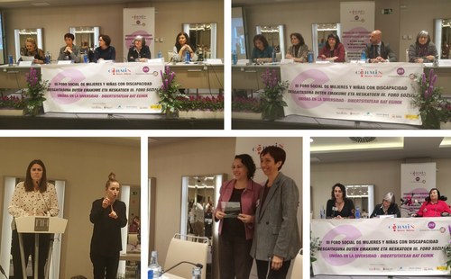 Collage de imágenes. Arriba las mesas de inauguración y clausura. Abajo, de izda a dcha Edurne Pasabán, Magdalena Valerio junto a Concha Díaz, y por último mesa de testimonios 