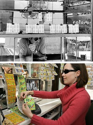 Collage gráfico evocando el paso del tiempo entre nuestros vendedores: uno de los años 70 del pasado siglo (arriba) y otra actual, en sus respectivos quioscos