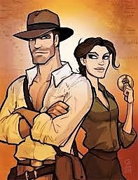 Dibujo que recrea a Indiana Jones y a una de sus compañeras de aventura en una de las historias del héroe de ficción