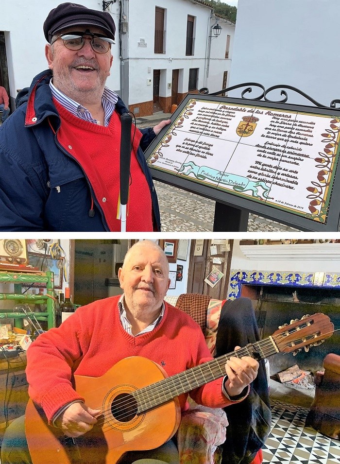 Montaje gráfico con Federico junto a uno de sus poemas reproducido en cerámica en un mirador de su pueblo (arriba) y sentado en su hogar tocando la guitarra
