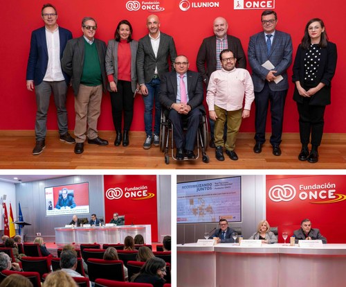 Arriba foto de familia de los responsables de ambas entidades. Abajo, inaguración y mesa de la jornada.