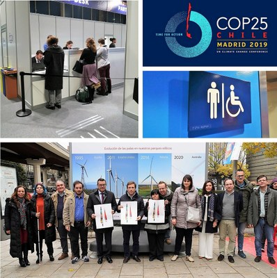 Collage con imágenes de las acciones de accesibilidad desarrolladas por el Grupo Social ONCE en la Cumbre del Clima y (abajo) un grupo de sus representantes en IFEMA con el alcalde de Madrid