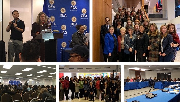 Collage de imágenes de la intervención de Patricia Sanz en la Conferencia de Mujeres, junto al grupo de expertas de la OEA