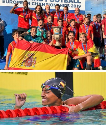Collage con el equipo de fútbol de ciegos posando con la Copa de Europa (arriba) y Teresa Perales festejando una victoria dentro de la piscina