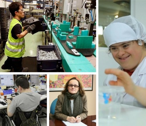 Distintas personas con diferentes discapacidades en su puesto de trabajo. Abajo a la derecha, imagen de Sabina Lobato