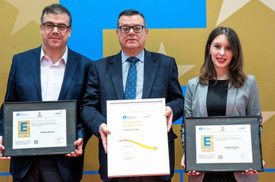 Martínez Donoso (en el centro), tras recoger el premio junto a dos empleados de las entidades galardonadas